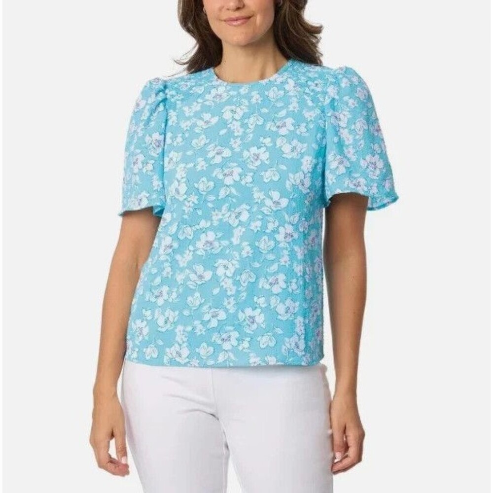 Women's Draper James Blue Floral Keyhole Back Flowy Sleeve Blouse Large